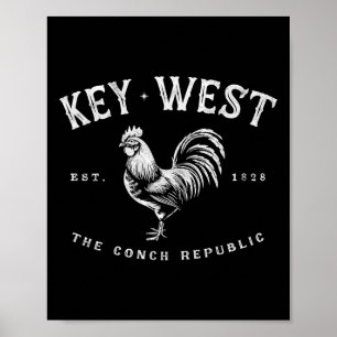 Funny Key West Rooster Chicken Sunrise Fishing Sur Poster