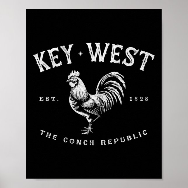 Funny Key West Rooster Chicken Sunrise Fishing Sur Poster (Front)