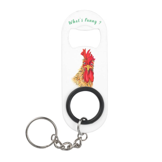 Funny Keychain Bottle Opener Surprised Rooster (Front)