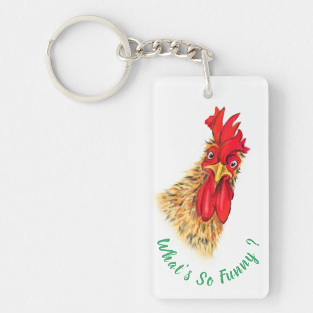 Funny  Keychain Surprised Rooster - Custom Text (Front)
