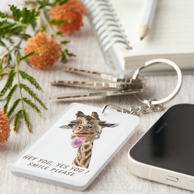 Funny Keychain with Playful Giraffe - Custom Text (Front Right)