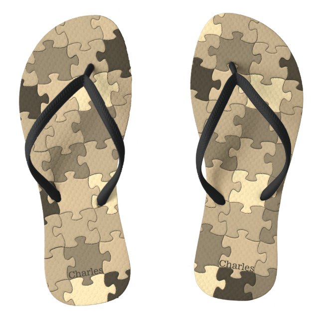 Funny Khaki Brown Puzzle Pattern Add Name or Text Flip Flops (Footbed)