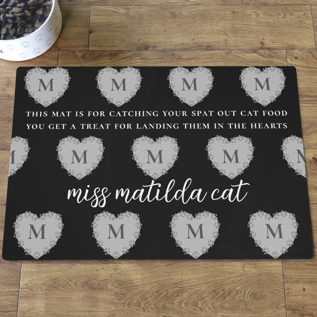 Funny Kibble Catching Game Custom Black Cat Mat (A fun cat food mat with text you can customize.)