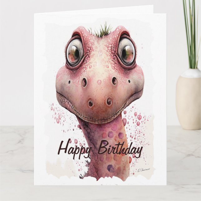 Funny Kids Cute and Lovable Pink Dinosaur Birthday Card (Front)