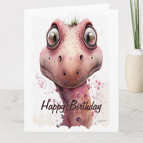 Funny Kids Cute and Lovable Pink Dinosaur Birthday Card