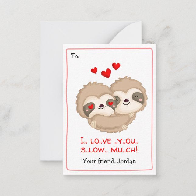Funny Kids School Valentines (Sloth Hearts) Note Card (Front)