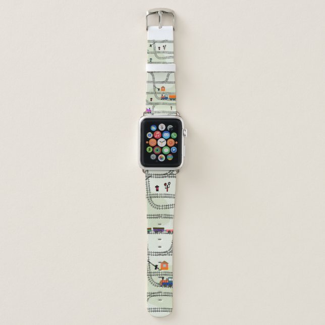 Funny kids seamless pattern railway with locomotiv apple watch band (Front)