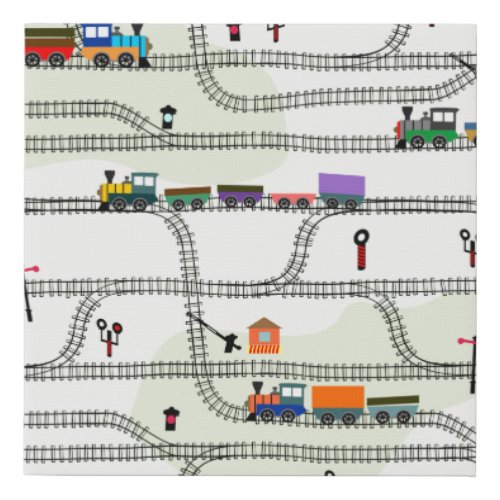 Funny kids seamless pattern railway with locomotiv faux canvas print