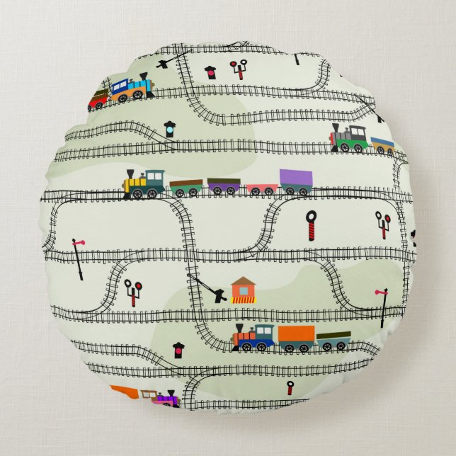 Funny kids seamless pattern railway with locomotiv round pillow (Front)