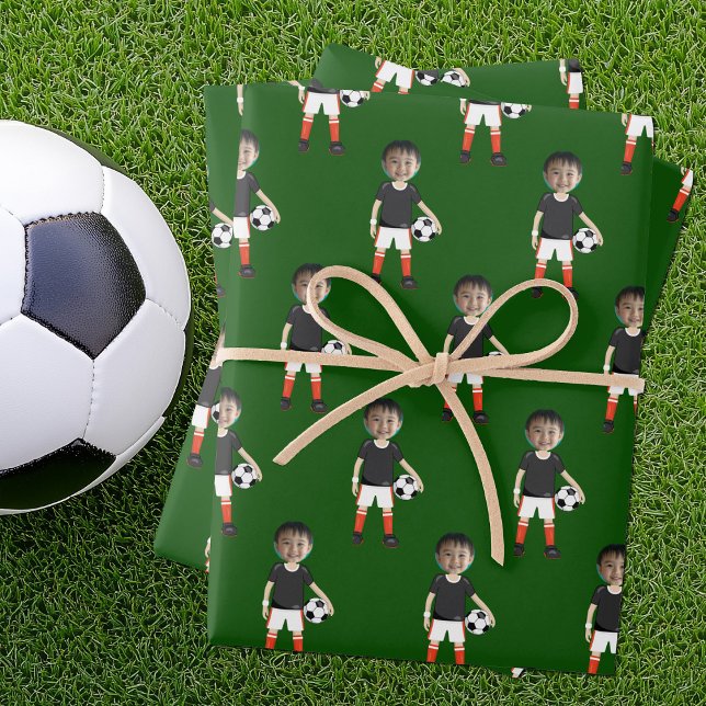 Funny Kids Soccer Player Photo Custom Green Wrapping Paper Sheets (Creator Uploaded)