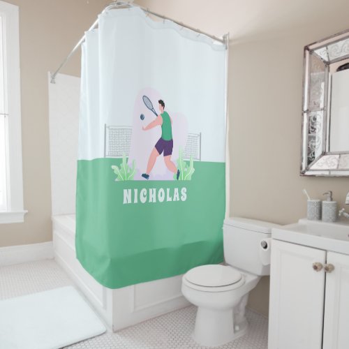 Funny Kids Tennis Player Boy Illustration Name Shower Curtain