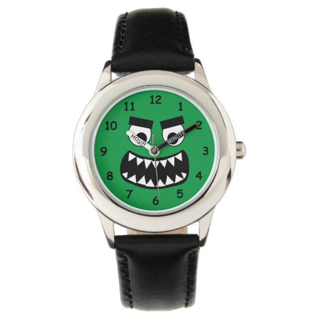 Funny kid's watch with green monster face cartoon (Front)