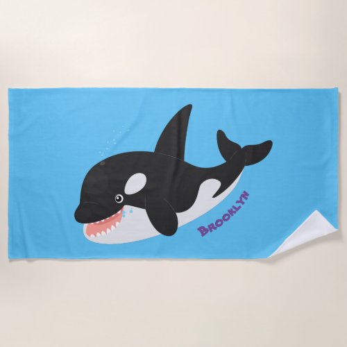 Funny killer whale orca cute cartoon illustration beach towel