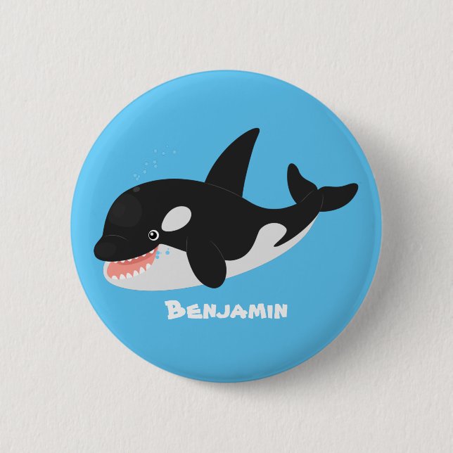 Funny killer whale orca cute cartoon illustration button (Front)
