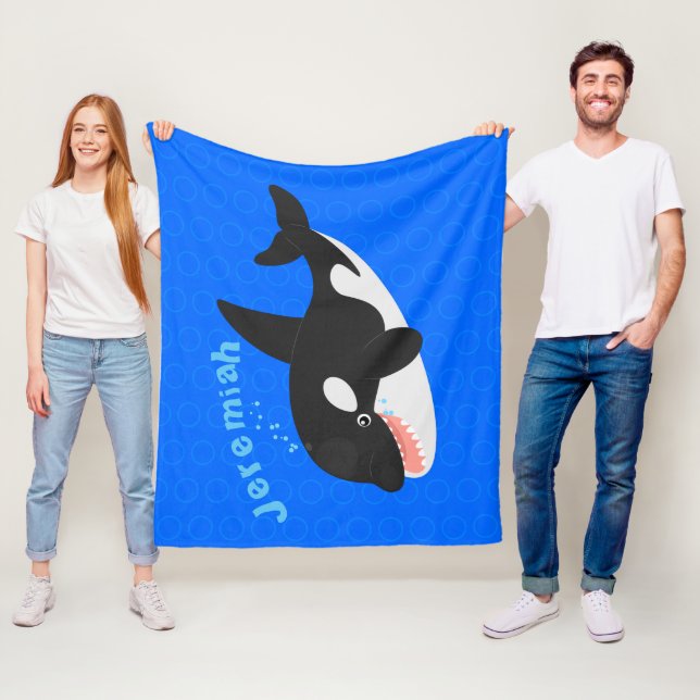 Funny killer whale orca cute cartoon illustration fleece blanket (In Situ)