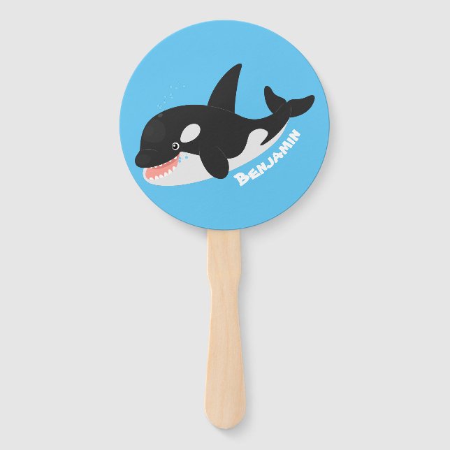 Funny killer whale orca cute cartoon illustration hand fan (Front)