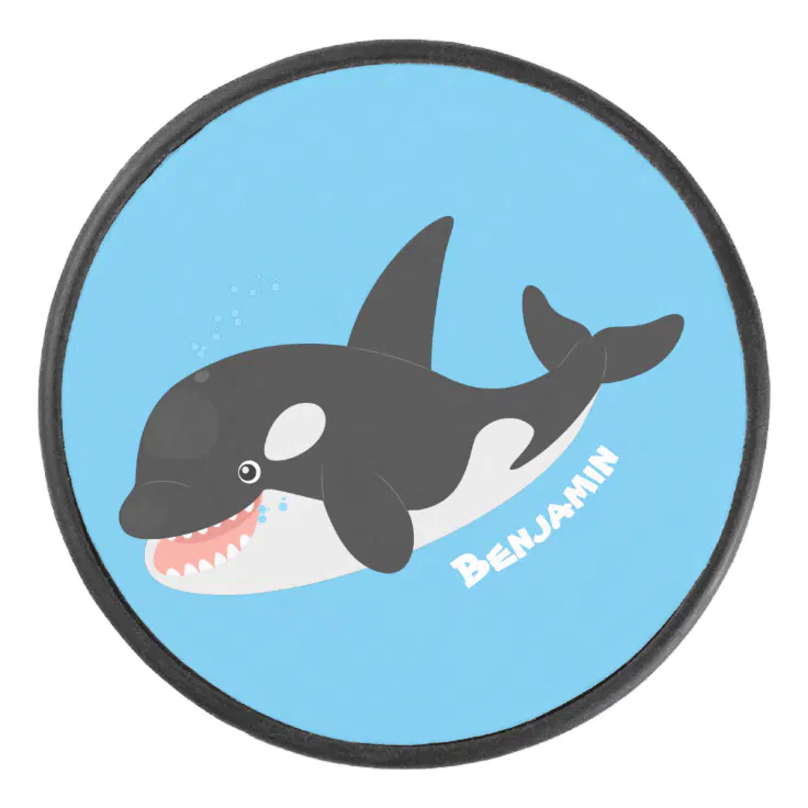 Funny killer whale orca cute cartoon illustration hockey puck | Zazzle