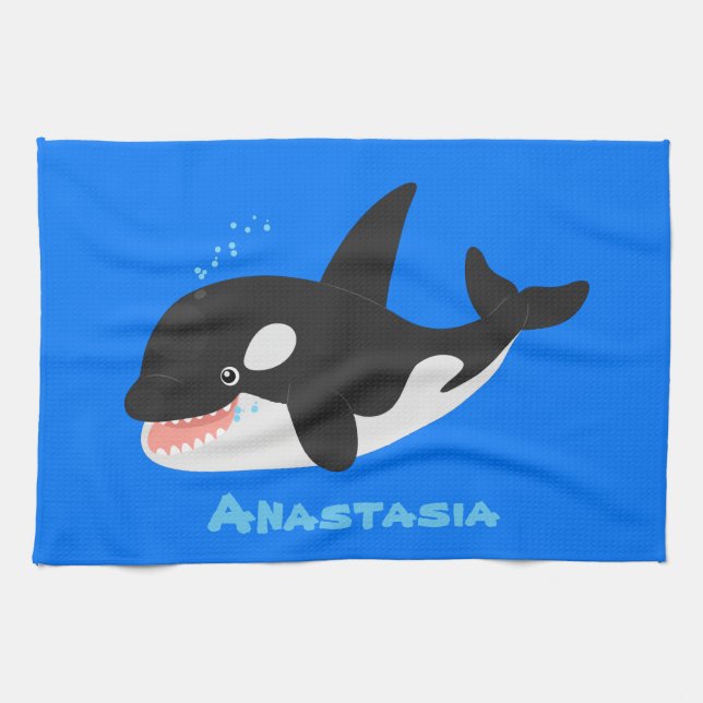 Funny killer whale orca cute cartoon illustration kitchen towel (Horizontal)