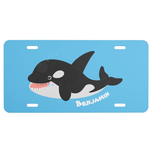 Funny killer whale orca cute cartoon illustration license plate (Front)