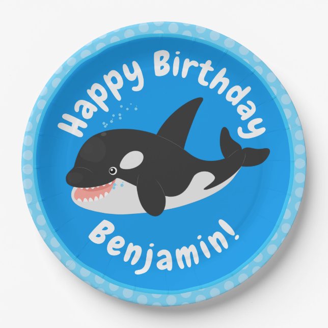 Funny killer whale orca cute cartoon illustration paper plates (Front)