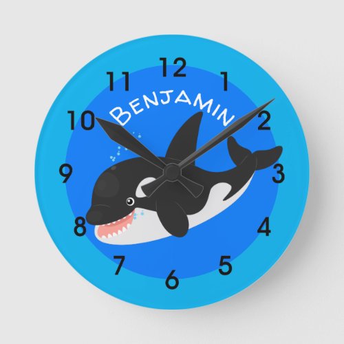 Funny killer whale orca cute cartoon illustration round clock