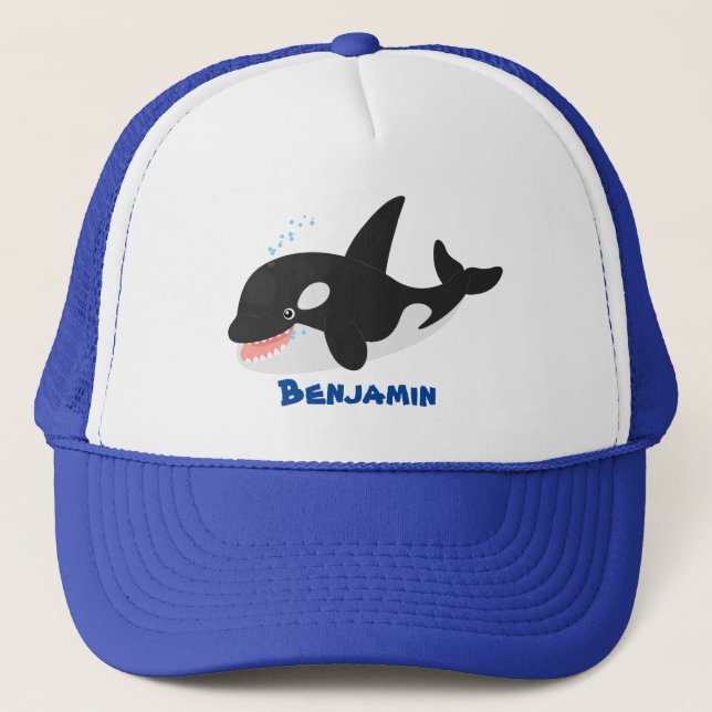 Funny killer whale orca cute cartoon illustration trucker hat (Front)