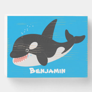Funny killer whale orca cute cartoon illustration wooden box sign