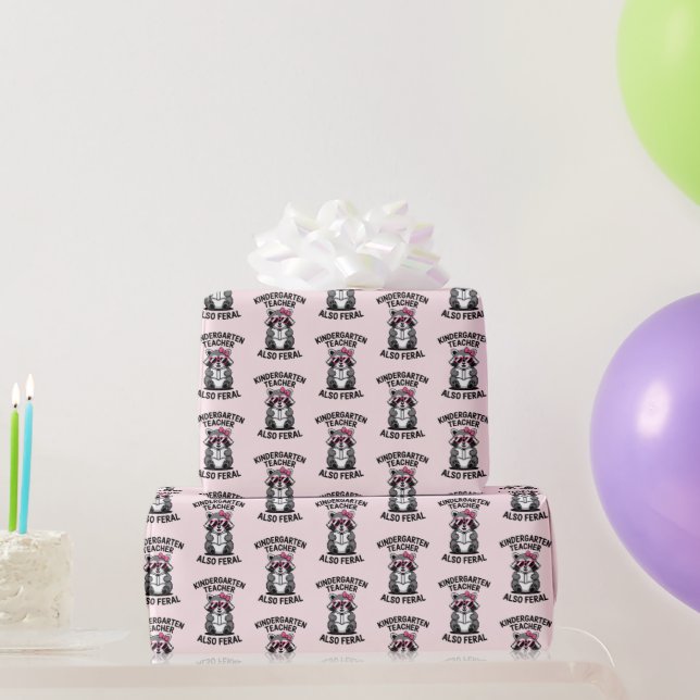 Funny Kindergarten Teacher “Also Feral” Raccoon Wrapping Paper (Party Gifts)