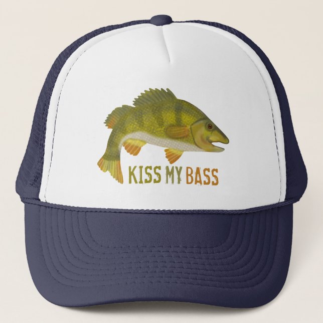 Funny Kiss My Bass Fish Fishing Angler Humor Trucker Hat (Front)