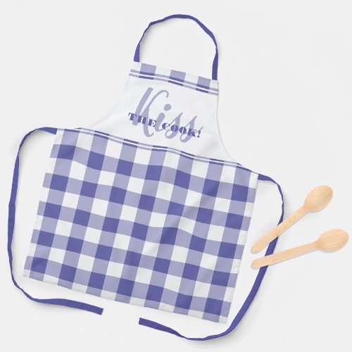 Funny Kiss The Cook Quote Gingham Check Periwinkle Apron