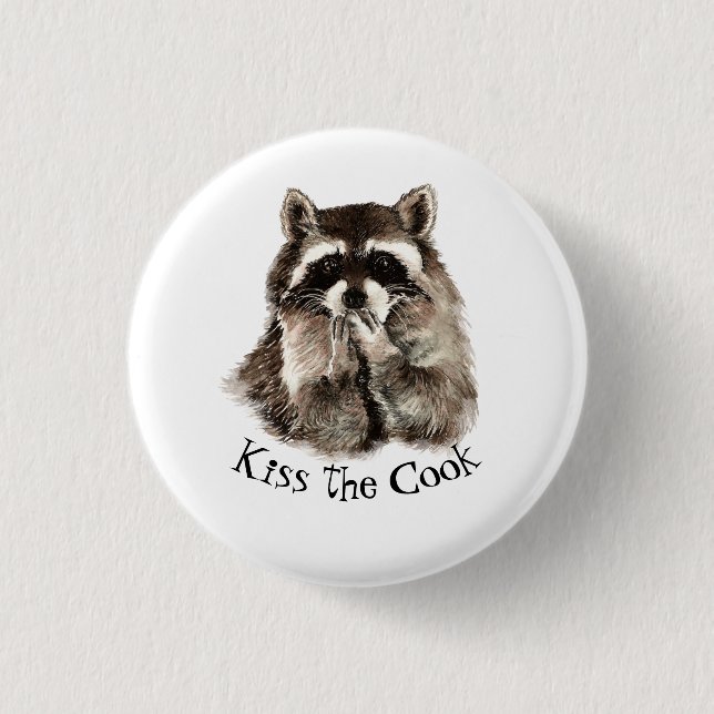 Funny, Kiss the Cook, Raccoons Tote Button (Front)