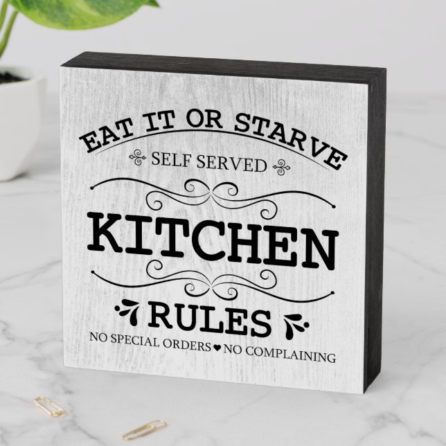 funny kitchen rules starve word art wooden box sign (In Situ Horizontal)