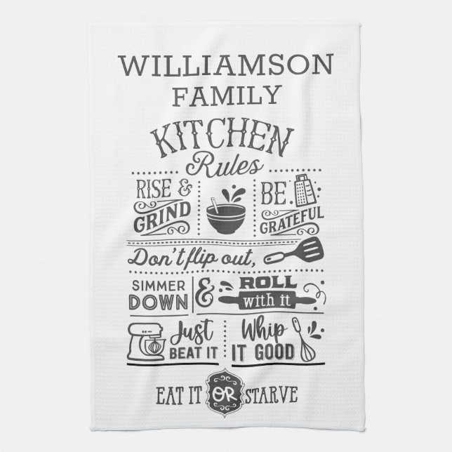 Funny Kitchen Rules Subway Art Personalized Kitchen Towel (Vertical)