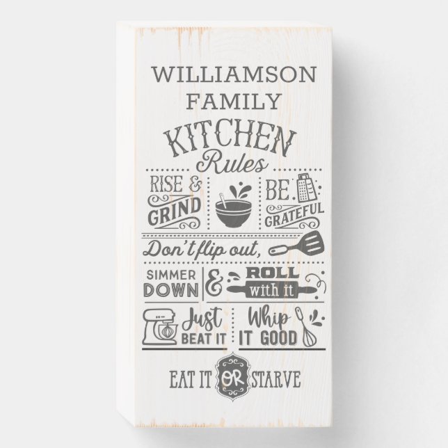 Funny Kitchen Rules Subway Art Personalized Wooden Box Sign (Front Vertical)