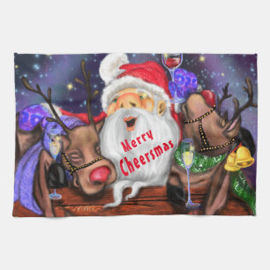 Funny Kitchen Towel Santa with Reindeers