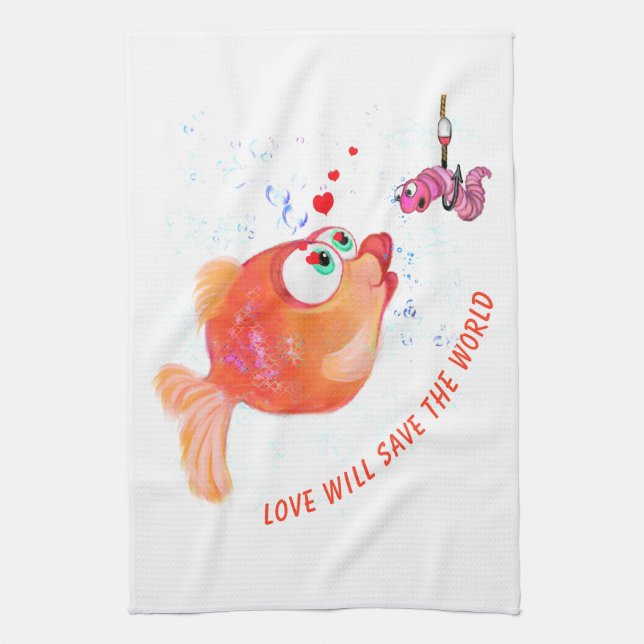 Funny Kitchen Towel with Happy Fish and Worm (Vertical)