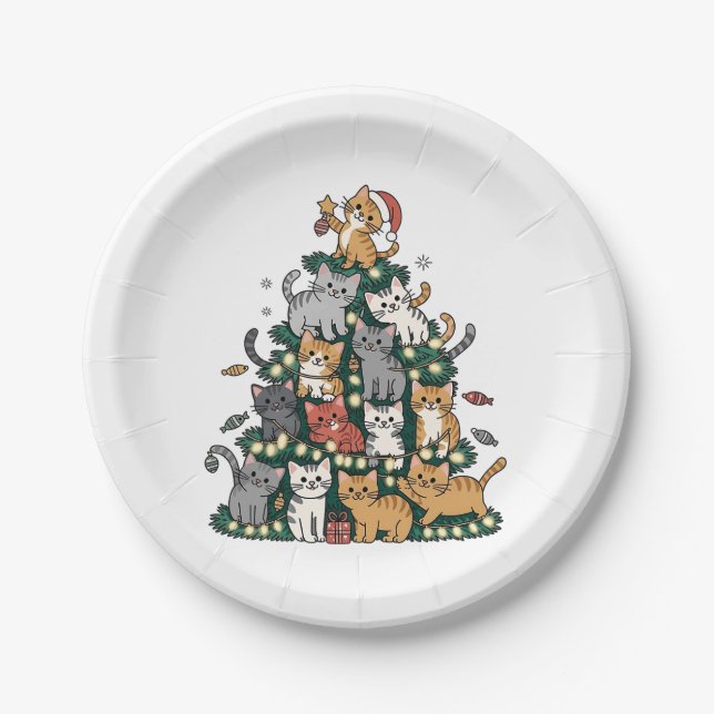 Funny Kitten Christmas Tree Cat Pet Animal Lover  Paper Plates (Front)