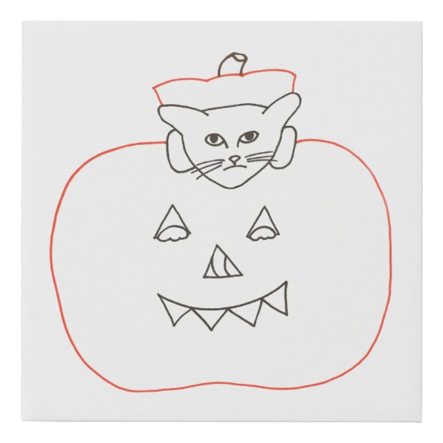 Funny Kitten Crawling Out of Pumpkin Drawing Paint Faux Canvas Print (Front)