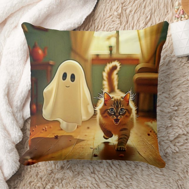 Funny Kitten Spooky Friend Throw Pillow (Blanket)