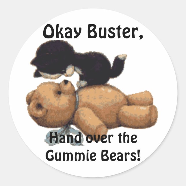 Funny Kitten & Teddy Bear Gifts Classic Round Sticker (Front)