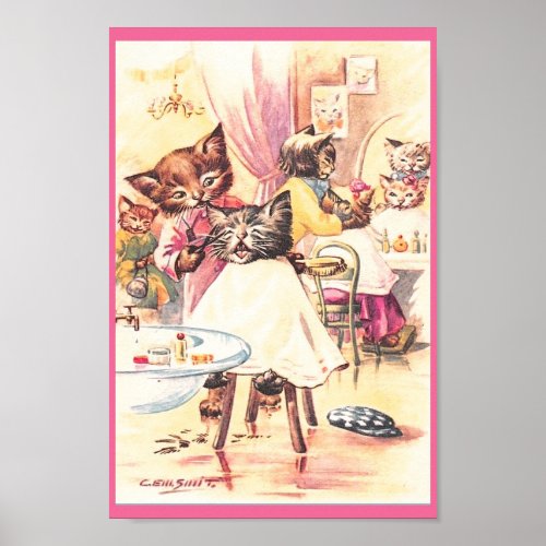 Funny Kittens Beauty Parlor Cute Cat Vintage Art  Poster