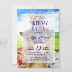 Funny kittens in green field.                      invitation