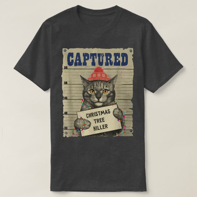 Funny Kitty Cat Captured Christmas Tree Killer  T-Shirt (Design Front)