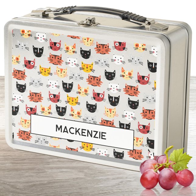 Funny Kitty Cat Personalized Name Metal Lunch Box (Fun kitty cat pattern personalized custom name metal lunch box)