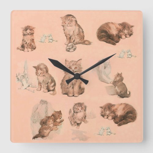 FUNNY KITTY CAT STORIES IN PINK SQUARE WALL CLOCK