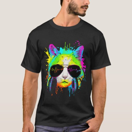 Funny Kitty Colorful Rainbow Rave Music DJ Cat T_Shirt