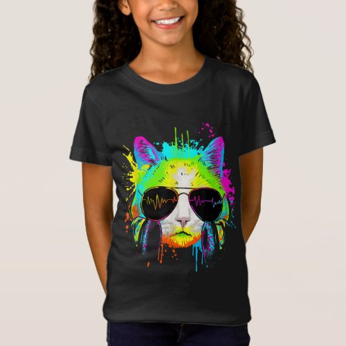 Funny Kitty Colorful Rainbow Rave Music DJ Cat T_Shirt