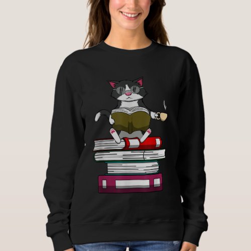 Funny Kitty Reading Books Cat and Coffee Sweatshirt