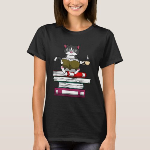 Funny Kitty Reading Books Cat and Coffee T_Shirt