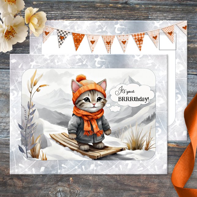 Funny Kitty Snow Winter Birthday Postcard (A funny watercolor birthday postcard featuring a kitty on skies in a winter wonderland - cat lovers)